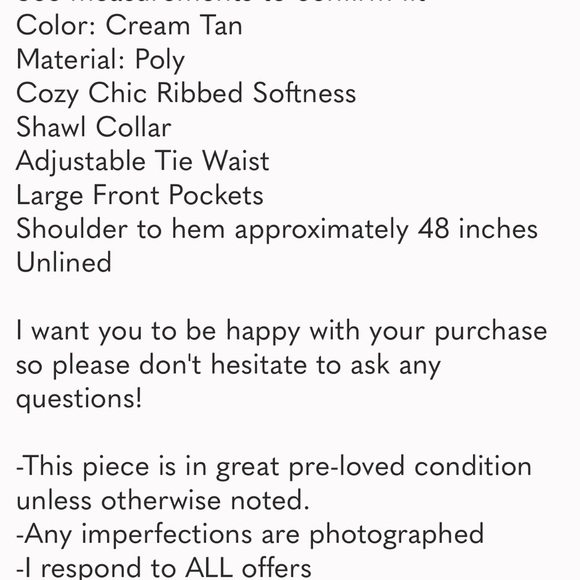 Barefoot Dreams Cozy Chic Robe Creamy Tan Ribbed Tie Waist Shawl Collar Pockets - Picture 7 of 7